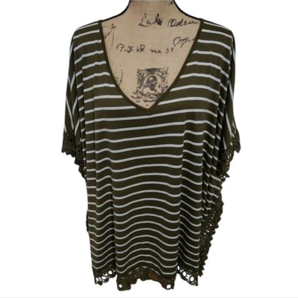Lane Bryant Moss green & white striped crocheted lace trimmed tunic plus size 3X - Picture 1 of 8